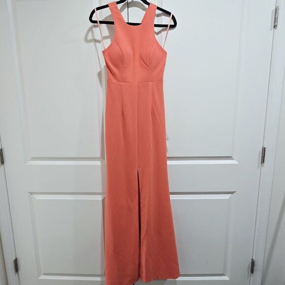 BARIANO - S Coral Front Slit Open Back Sleeveless Full Length Dress Gown - Picture 2 of 7